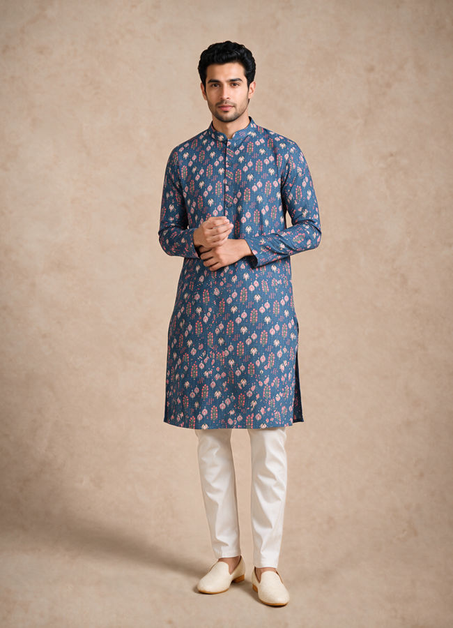 Manyavar Men Dark Blue Blended Cotton Kurta with Print
