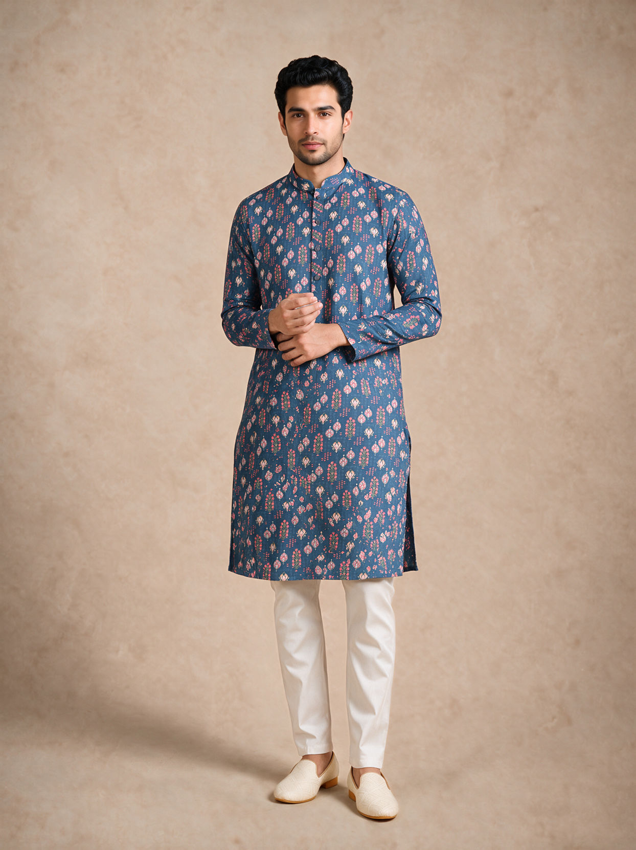 Manyavar Men Dark Blue Blended Cotton Kurta with Print