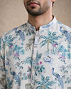 Manyavar Men Cream Blended Cotton Medium Length Kurta with Floral Print