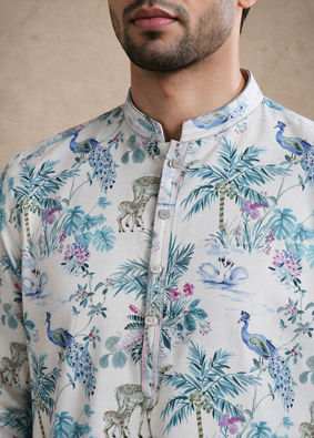 Manyavar Men Cream Blended Cotton Medium Length Kurta with Floral Print