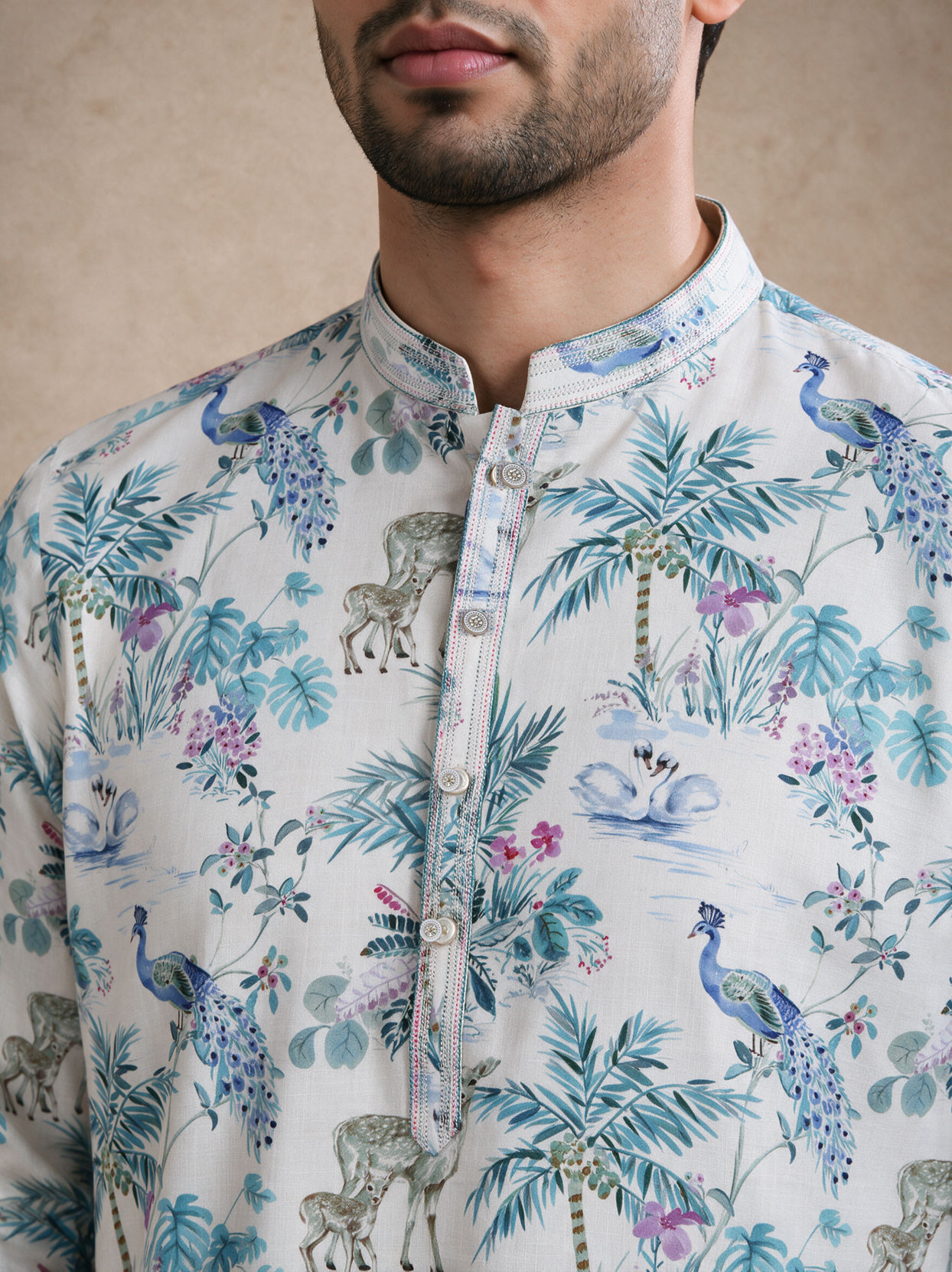 Manyavar Men Cream Blended Cotton Medium Length Kurta with Floral Print