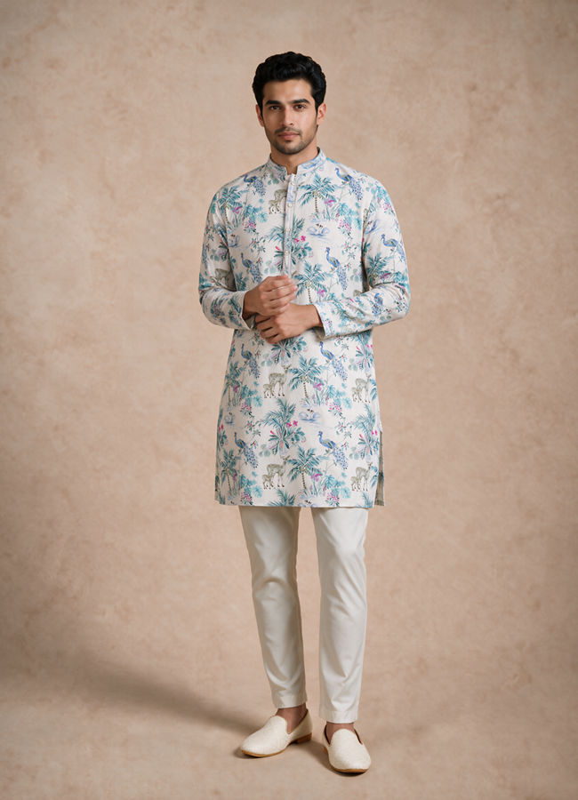 Manyavar Men Cream Blended Cotton Medium Length Kurta with Floral Print