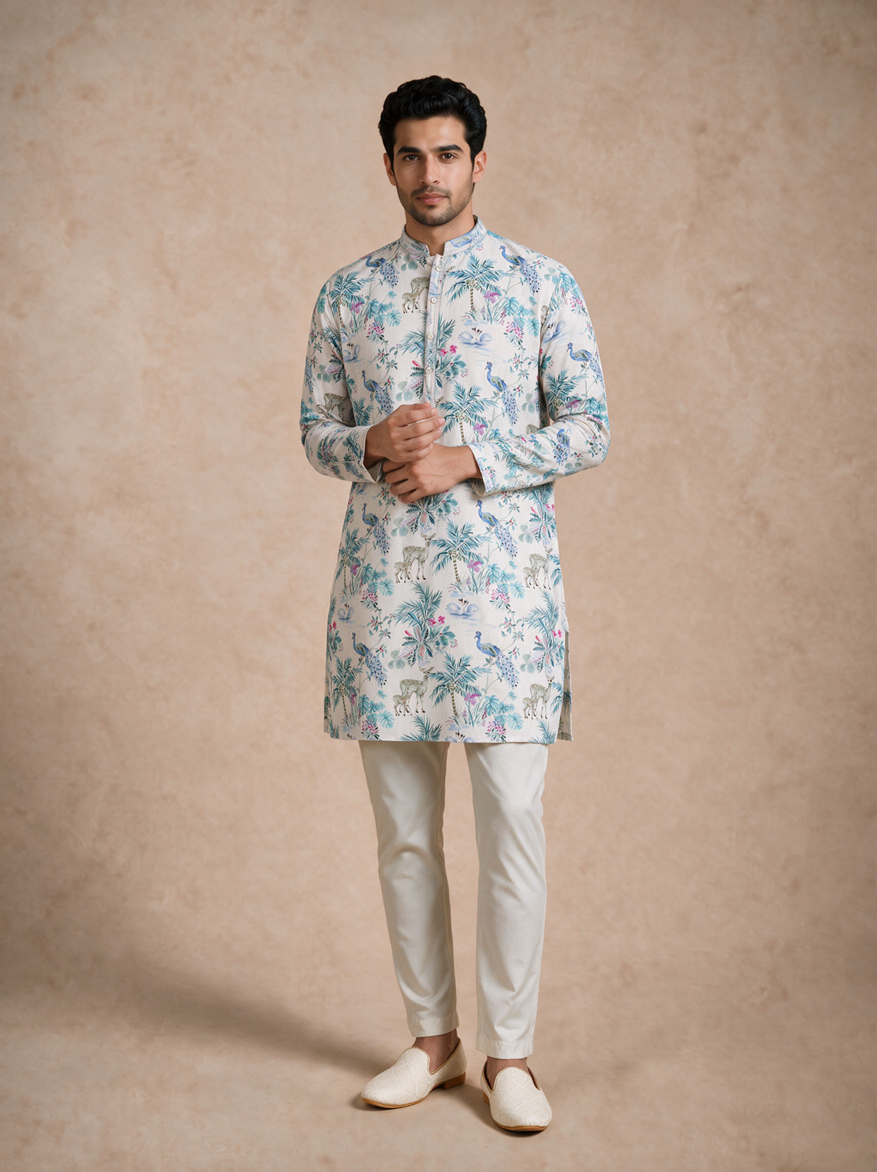 Manyavar Men Cream Blended Cotton Medium Length Kurta with Floral Print