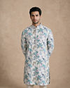 Manyavar Men Cream Blended Cotton Medium Length Kurta with Floral Print
