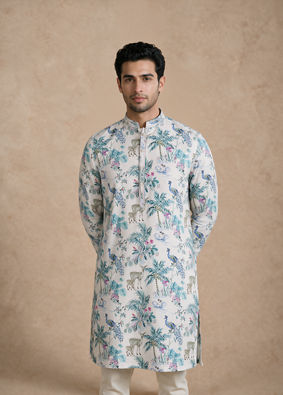 Manyavar Men Cream Blended Cotton Medium Length Kurta with Floral Print