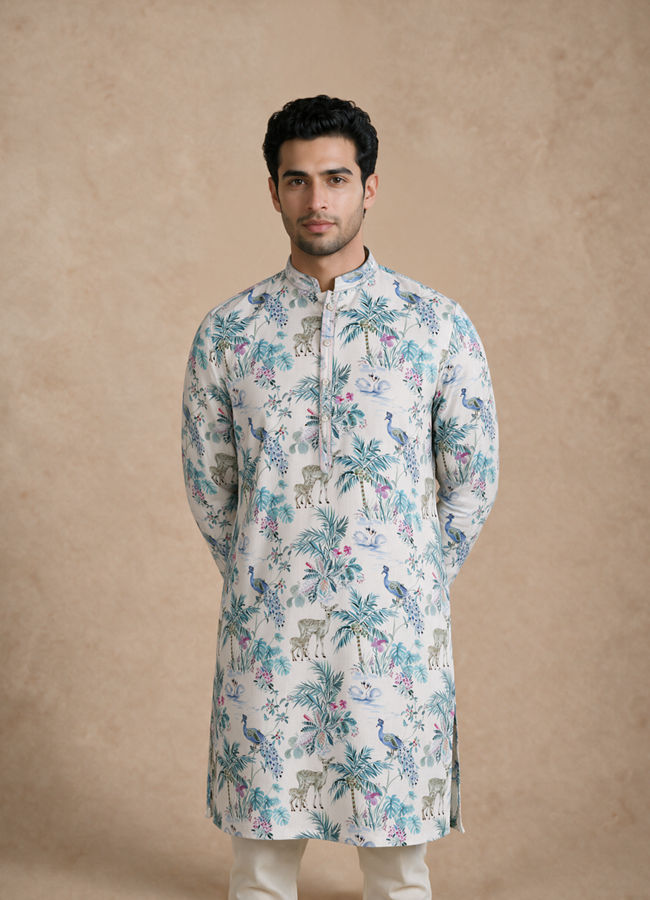 Manyavar Men Cream Blended Cotton Medium Length Kurta with Floral Print