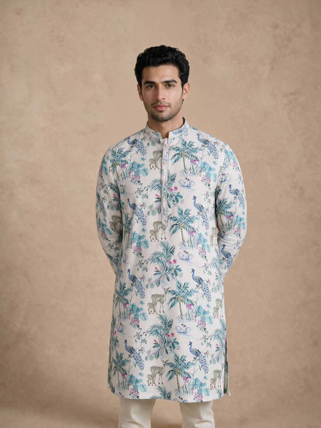 Manyavar Men Cream Blended Cotton Medium Length Kurta with Floral Print