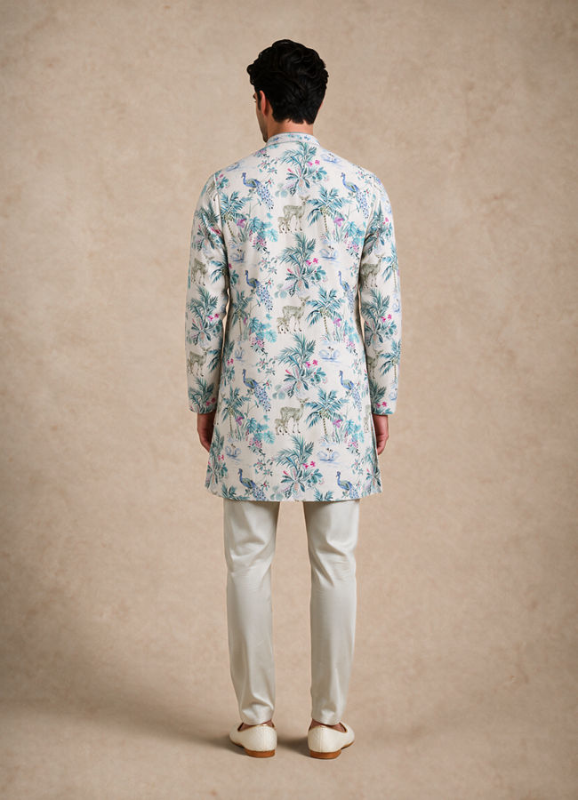 Manyavar Men Cream Blended Cotton Medium Length Kurta with Floral Print