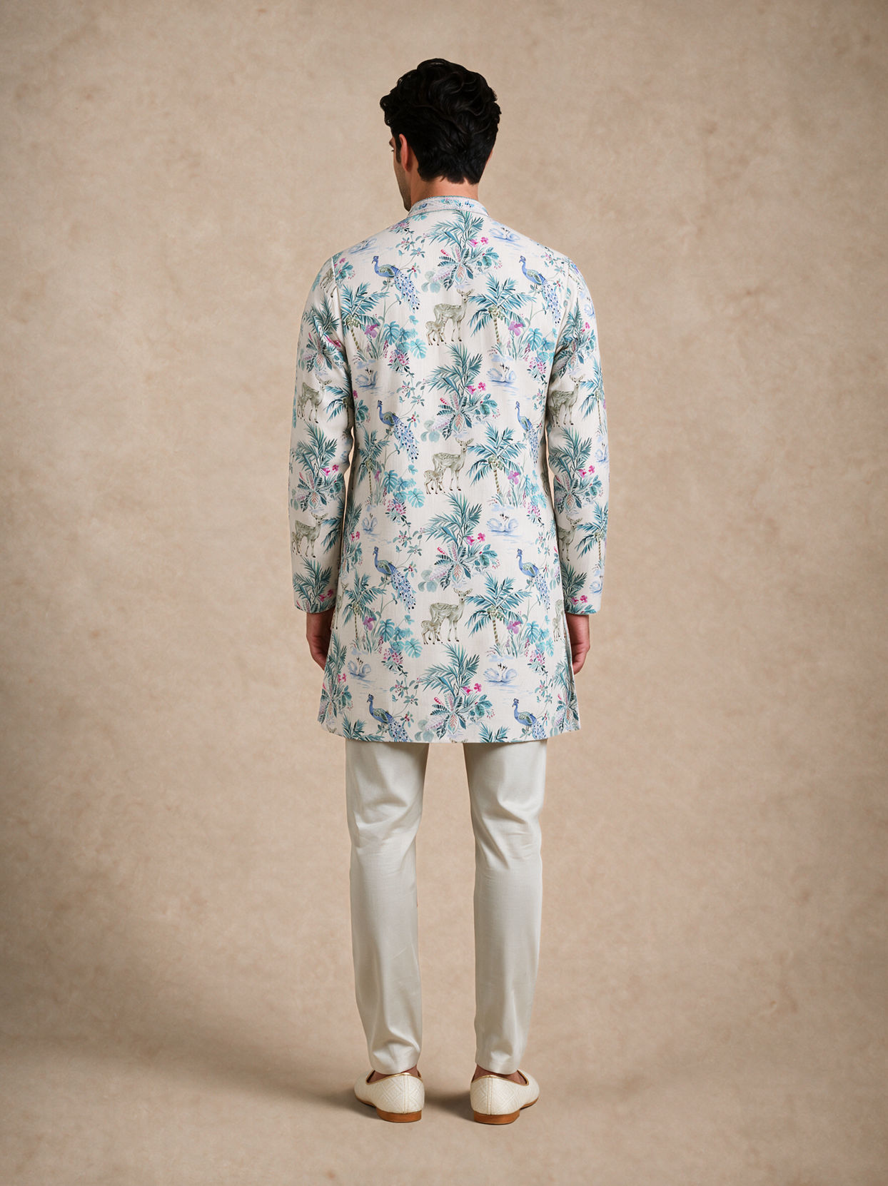 Manyavar Men Cream Blended Cotton Medium Length Kurta with Floral Print