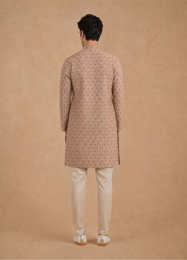Manyavar Men Fawn Blended Cotton Printed Kurta
