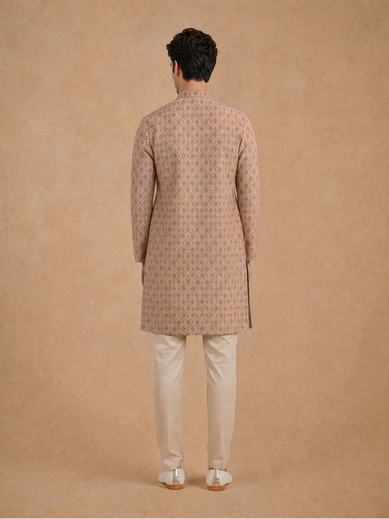 Manyavar Men Fawn Blended Cotton Printed Kurta