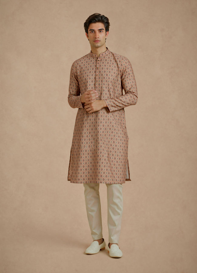 Manyavar Men Fawn Blended Cotton Printed Kurta