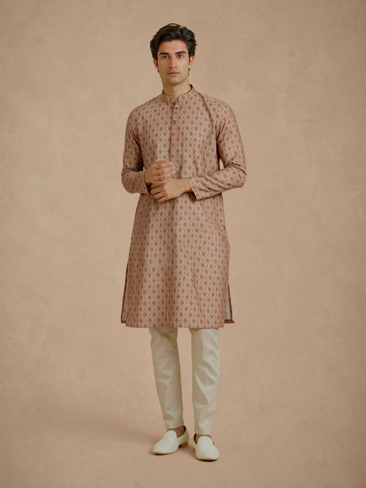 Manyavar Men Fawn Blended Cotton Printed Kurta