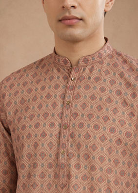 Manyavar Men Fawn Blended Cotton Printed Kurta
