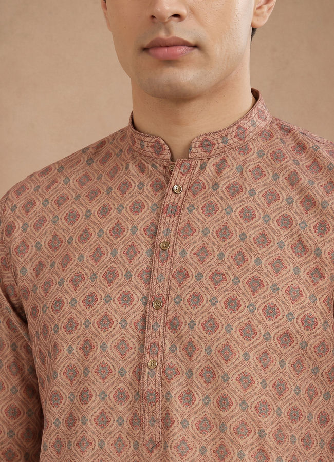 Manyavar Men Fawn Blended Cotton Printed Kurta