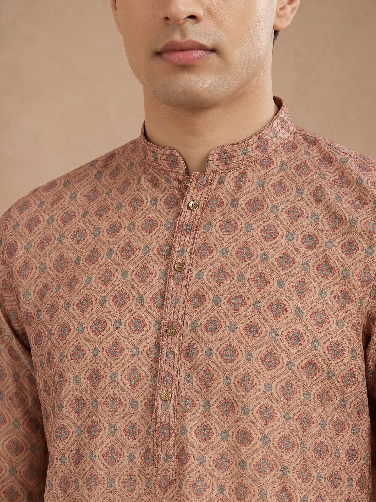 Manyavar Men Fawn Blended Cotton Printed Kurta