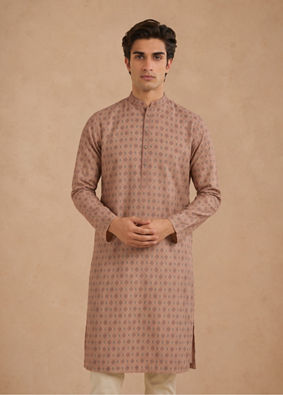 Manyavar Men Fawn Blended Cotton Printed Kurta