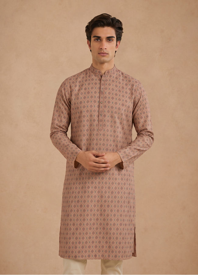 Manyavar Men Fawn Blended Cotton Printed Kurta