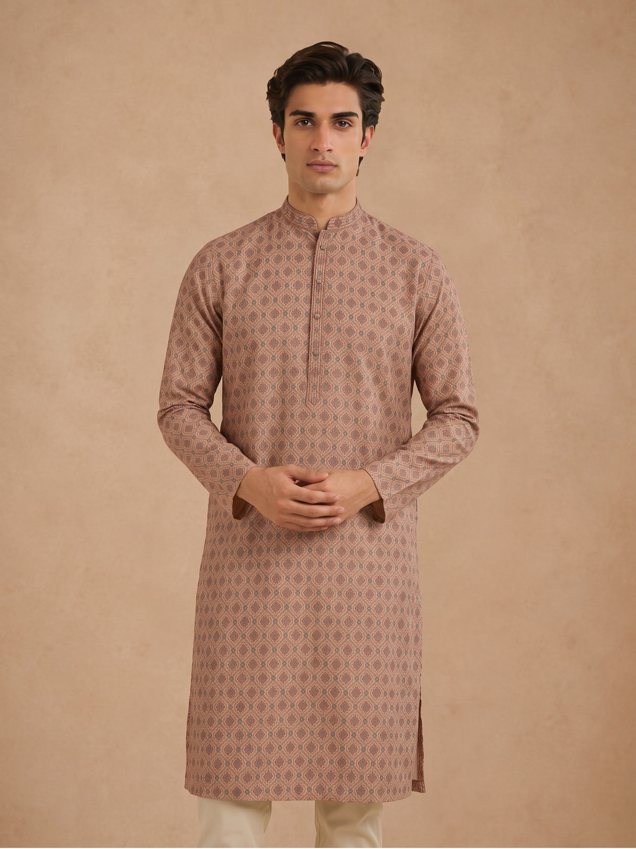 Manyavar Men Fawn Blended Cotton Printed Kurta