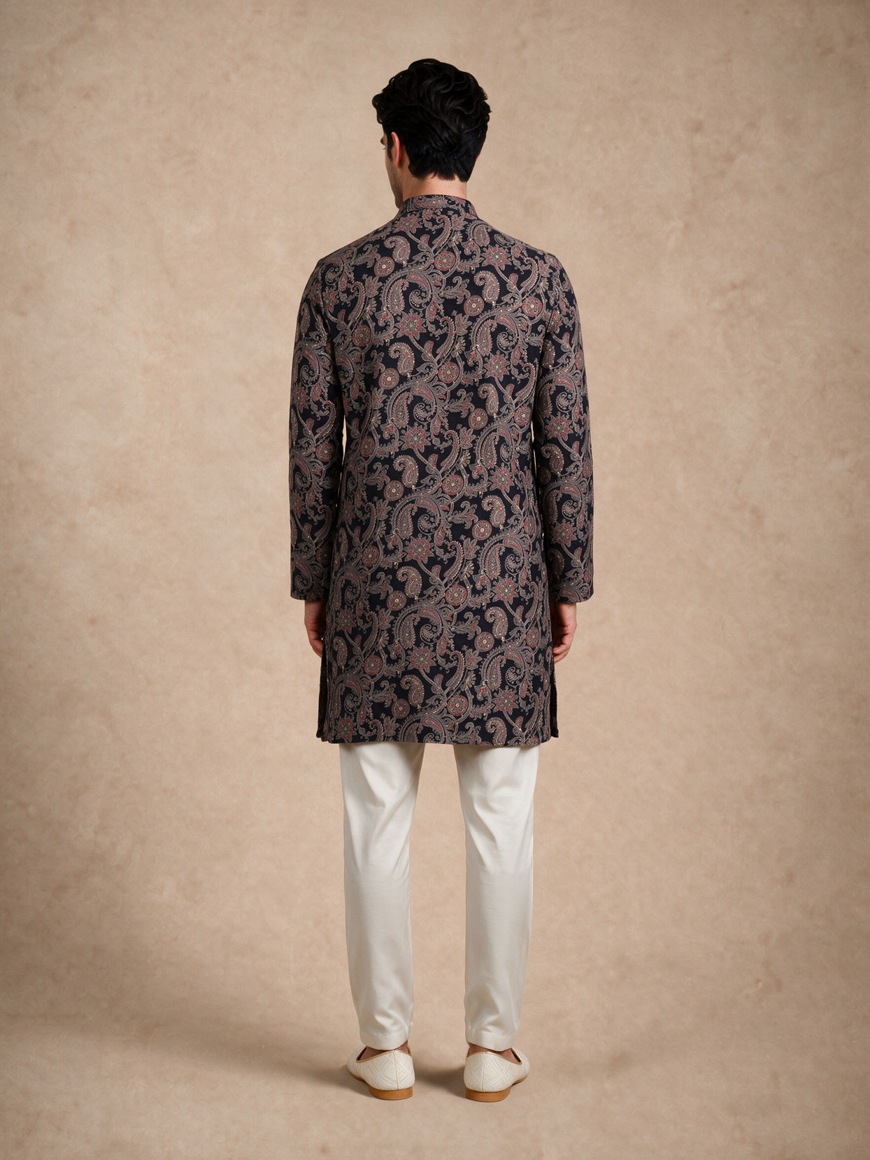 Manyavar Men Dark Blue Blended Viscose Kurta with Paisley Print