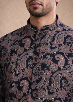Manyavar Men Dark Blue Blended Viscose Kurta with Paisley Print