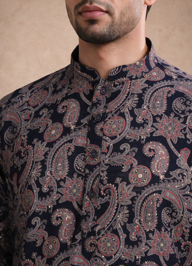Manyavar Men Dark Blue Blended Viscose Kurta with Paisley Print
