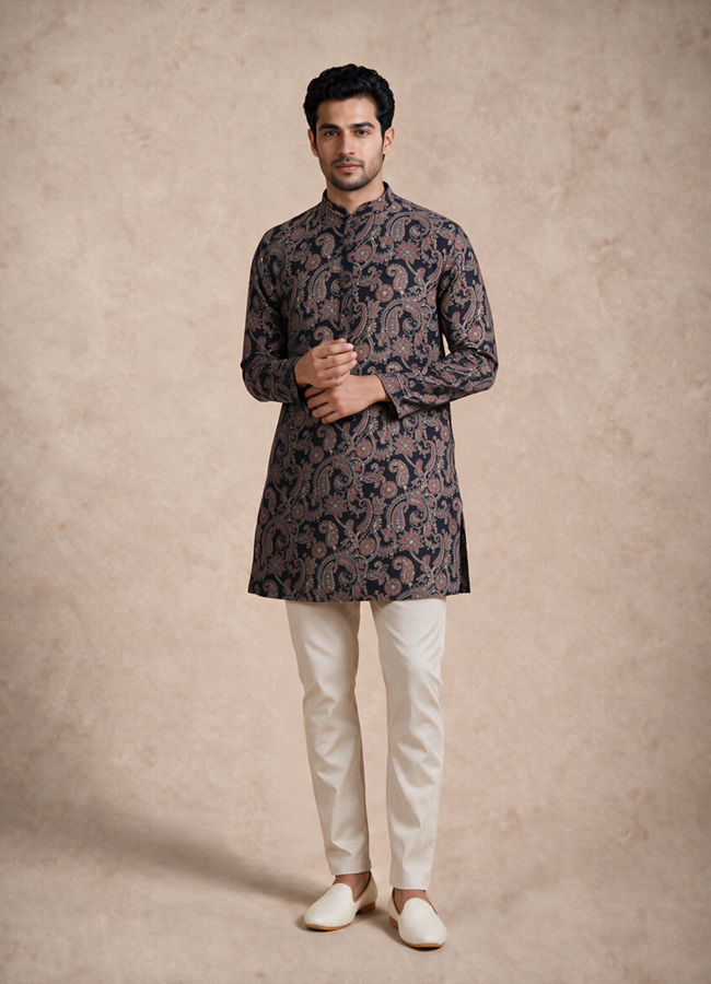 Manyavar Men Dark Blue Blended Viscose Kurta with Paisley Print
