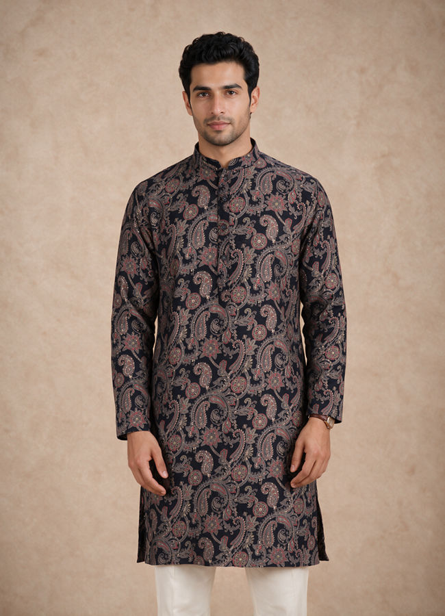 Manyavar Men Dark Blue Blended Viscose Kurta with Paisley Print
