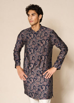 Manyavar Men Dark Blue Blended Viscose Kurta with Paisley Print