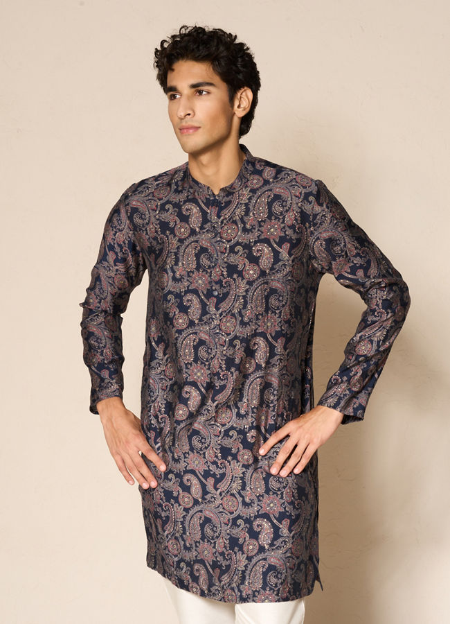 Manyavar Men Dark Blue Blended Viscose Kurta with Paisley Print