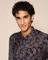 Manyavar Men Dark Blue Blended Viscose Kurta with Paisley Print