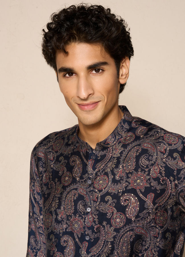 Manyavar Men Dark Blue Blended Viscose Kurta with Paisley Print