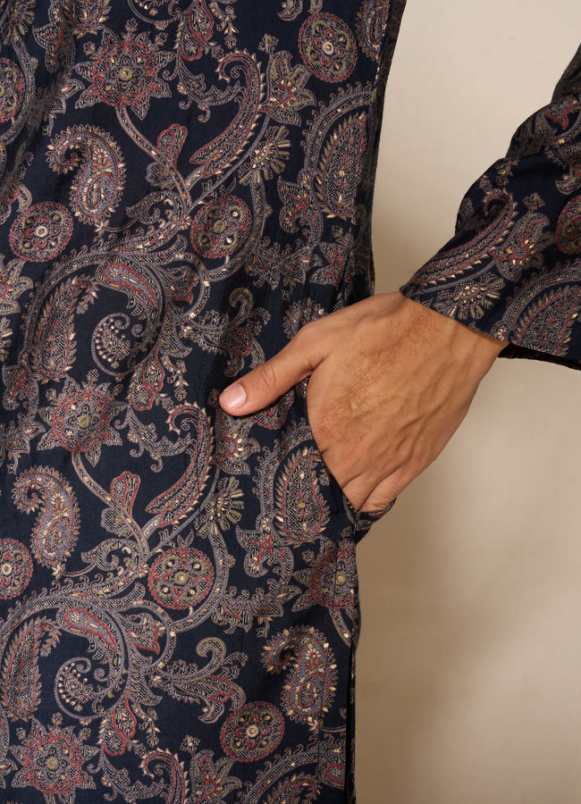 Manyavar Men Dark Blue Blended Viscose Kurta with Paisley Print