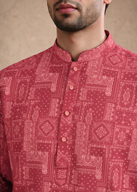 Manyavar Men Pink Blended Cotton Kurta with Print