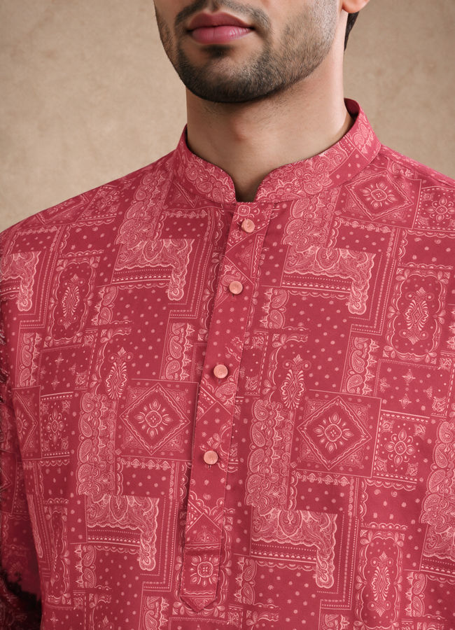 Manyavar Men Pink Blended Cotton Kurta with Print
