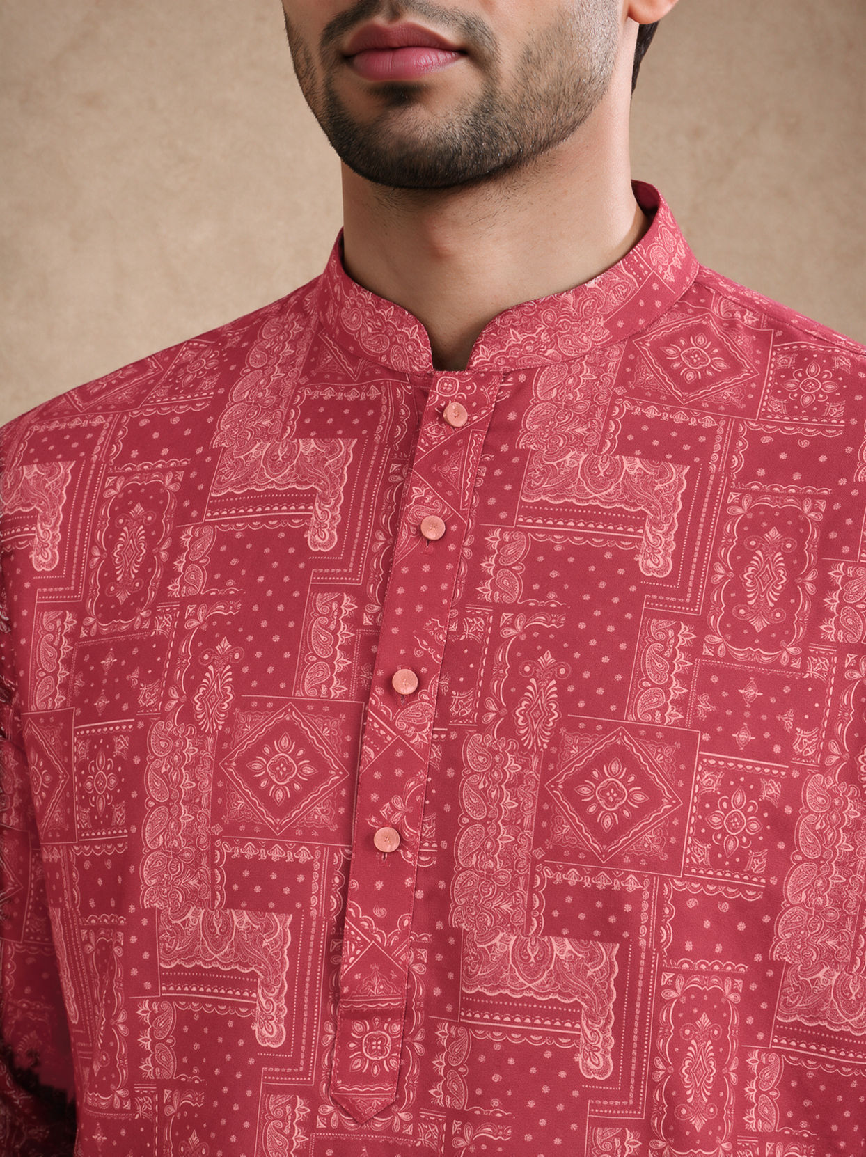 Manyavar Men Pink Blended Cotton Kurta with Print