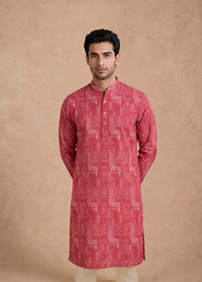 Manyavar Men Pink Blended Cotton Kurta with Print