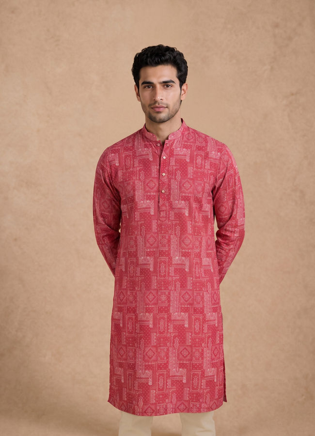 Manyavar Men Pink Blended Cotton Kurta with Print