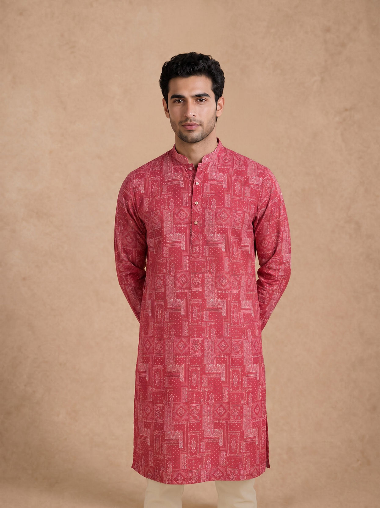 Manyavar Men Pink Blended Cotton Kurta with Print