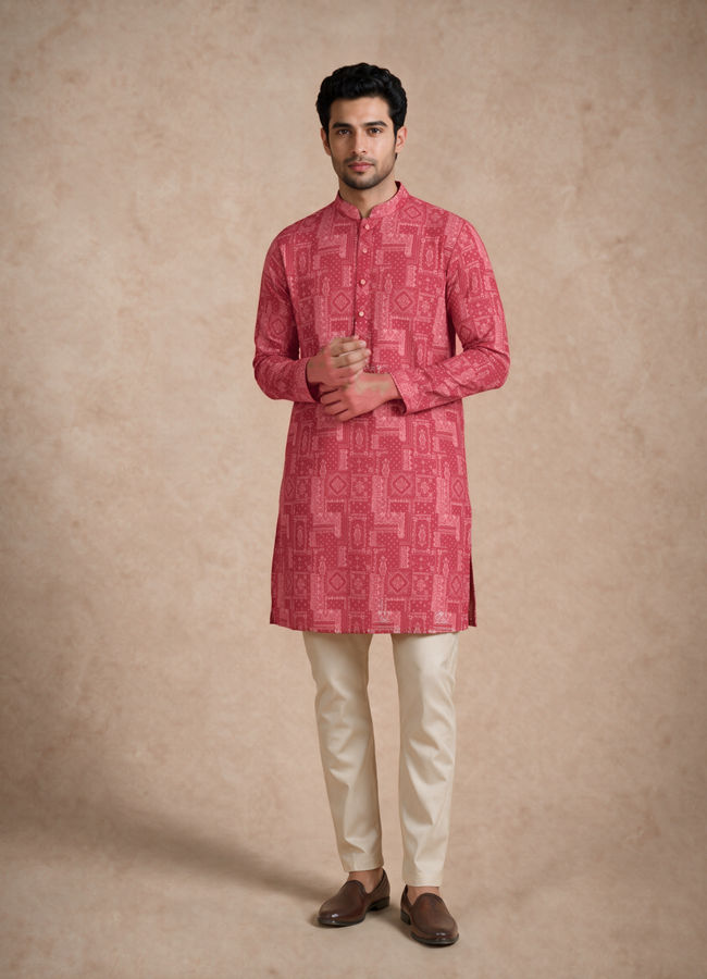 Manyavar Men Pink Blended Cotton Kurta with Print
