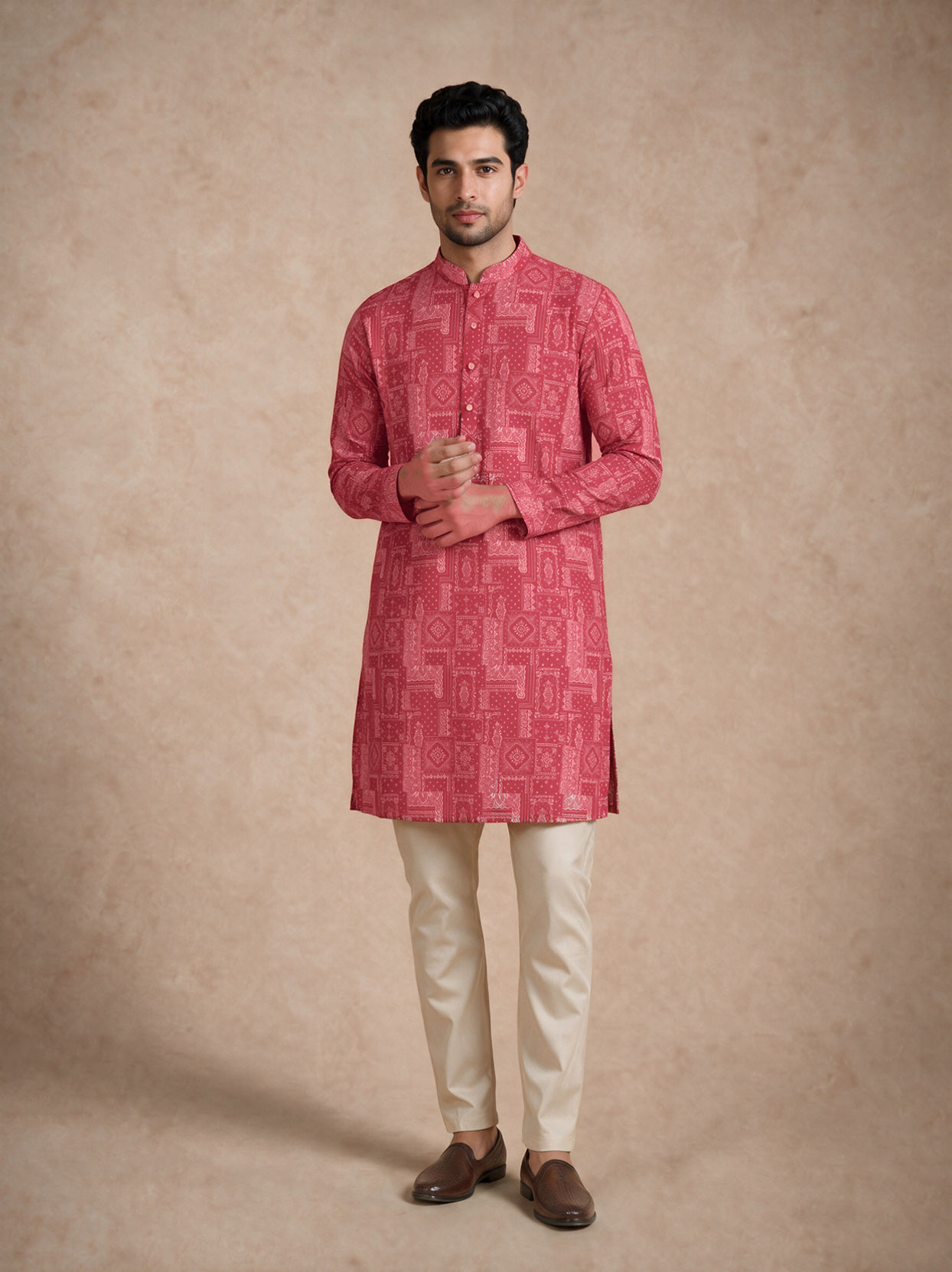Manyavar Men Pink Blended Cotton Kurta with Print