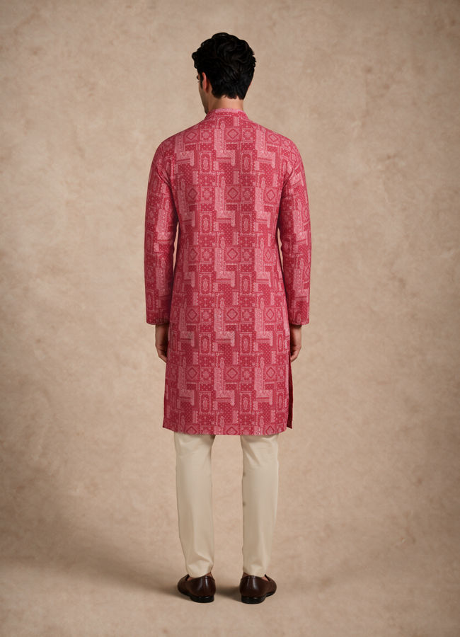 Manyavar Men Pink Blended Cotton Kurta with Print