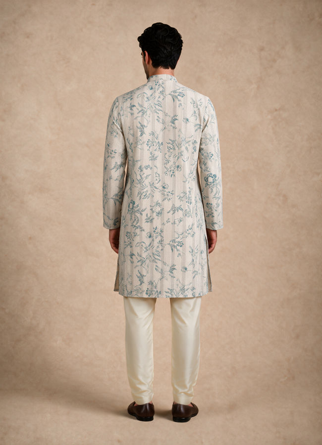 Manyavar Men Warm White Blended Cotton Kurta with Print