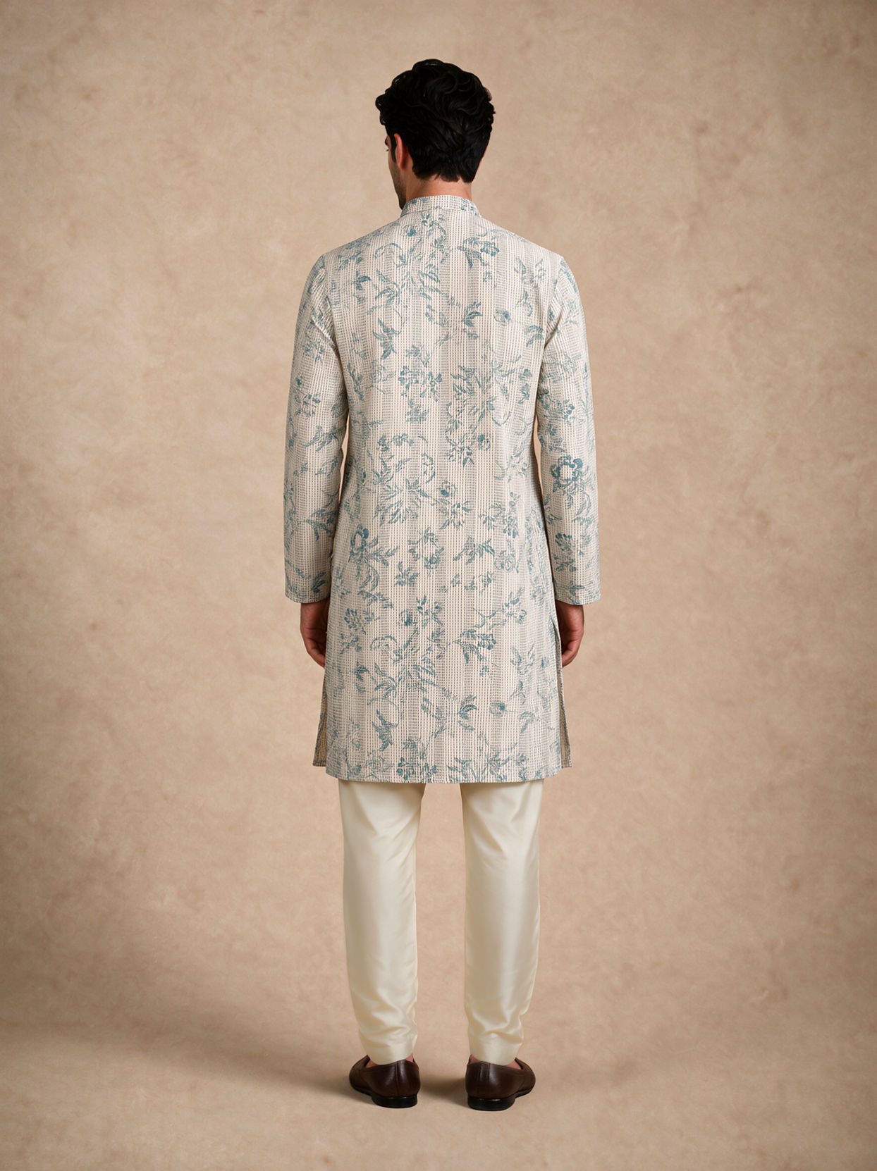 Manyavar Men Warm White Blended Cotton Kurta with Print
