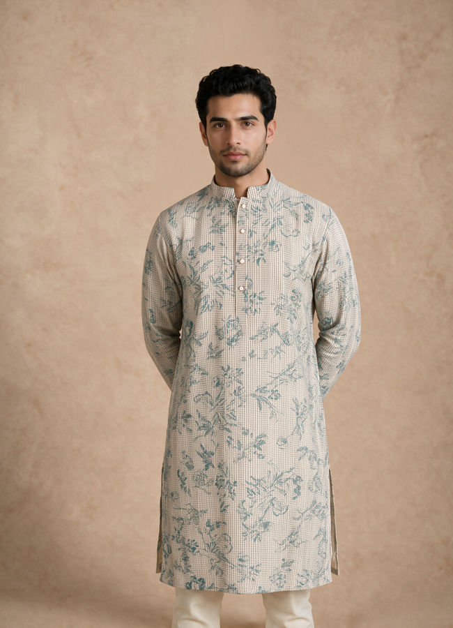Manyavar Men Warm White Blended Cotton Kurta with Print