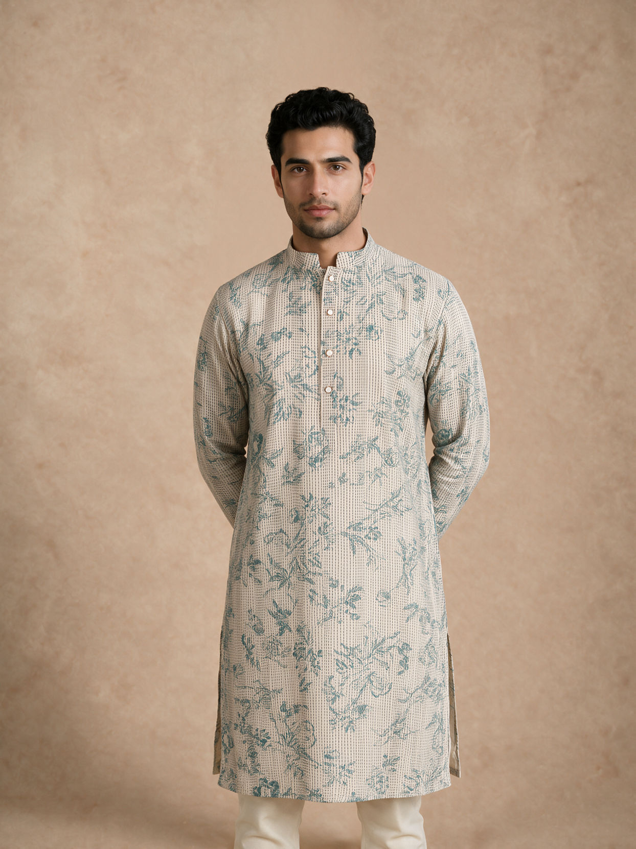 Manyavar Men Warm White Blended Cotton Kurta with Print