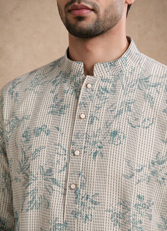 Manyavar Men Warm White Blended Cotton Kurta with Print