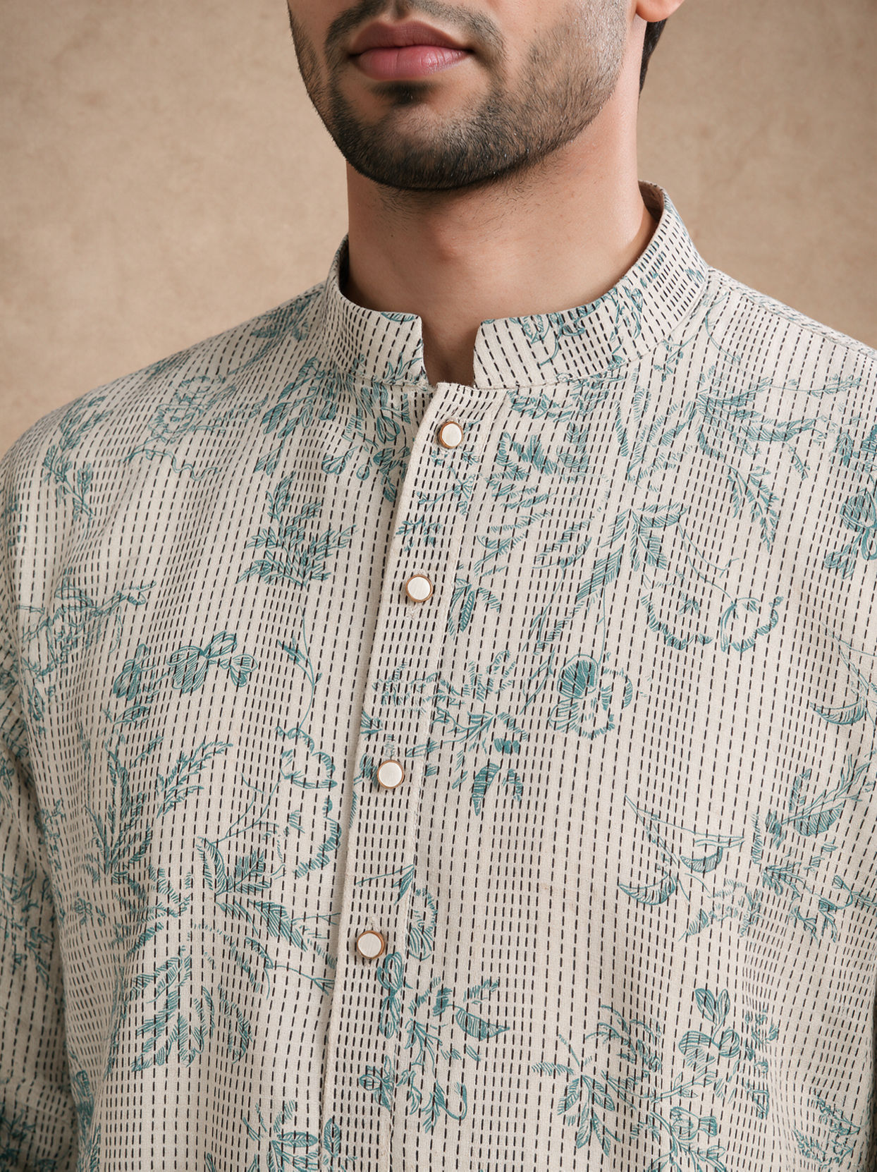 Manyavar Men Warm White Blended Cotton Kurta with Print