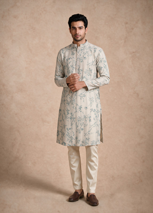 Manyavar Men Warm White Blended Cotton Kurta with Print