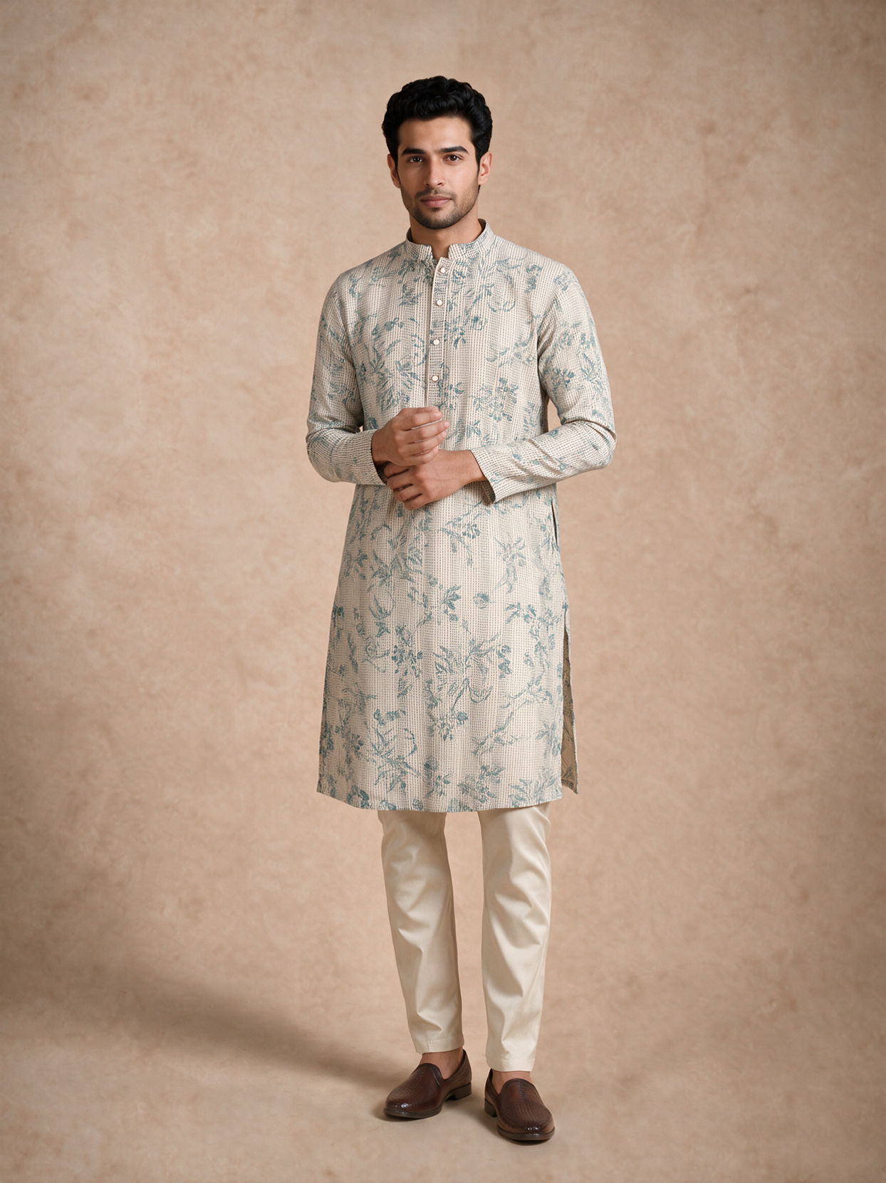 Manyavar Men Warm White Blended Cotton Kurta with Print